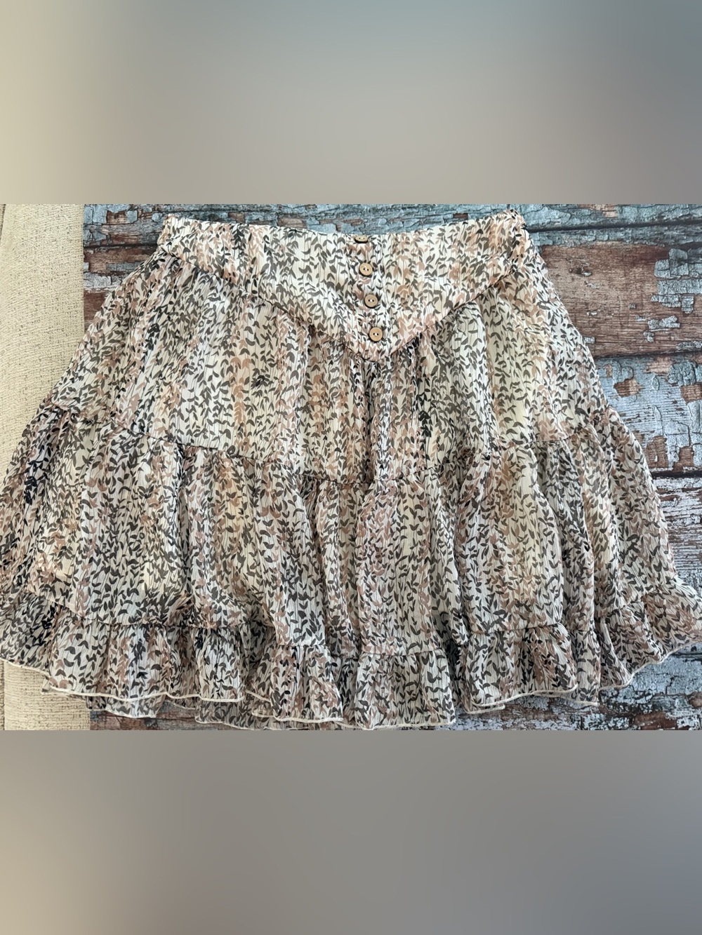 By Together Cream, Tan & Brown lined Printed Ruffle Mini Skirt size medium